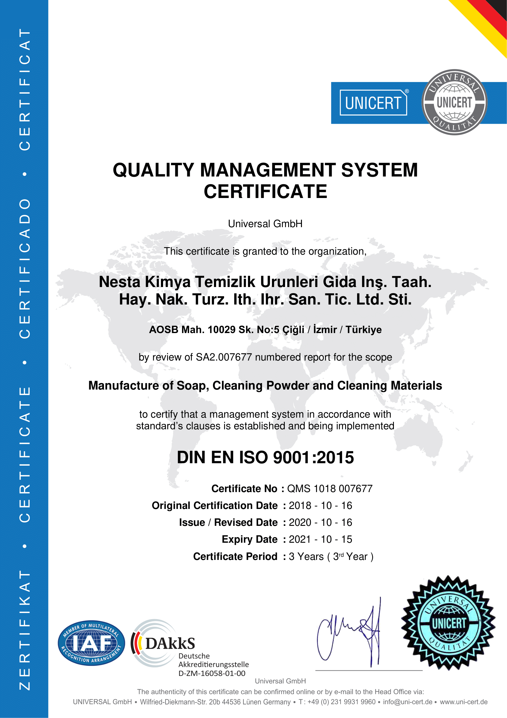  QUALİTY MANAGEMENT SYSTEM CERTIFICATE